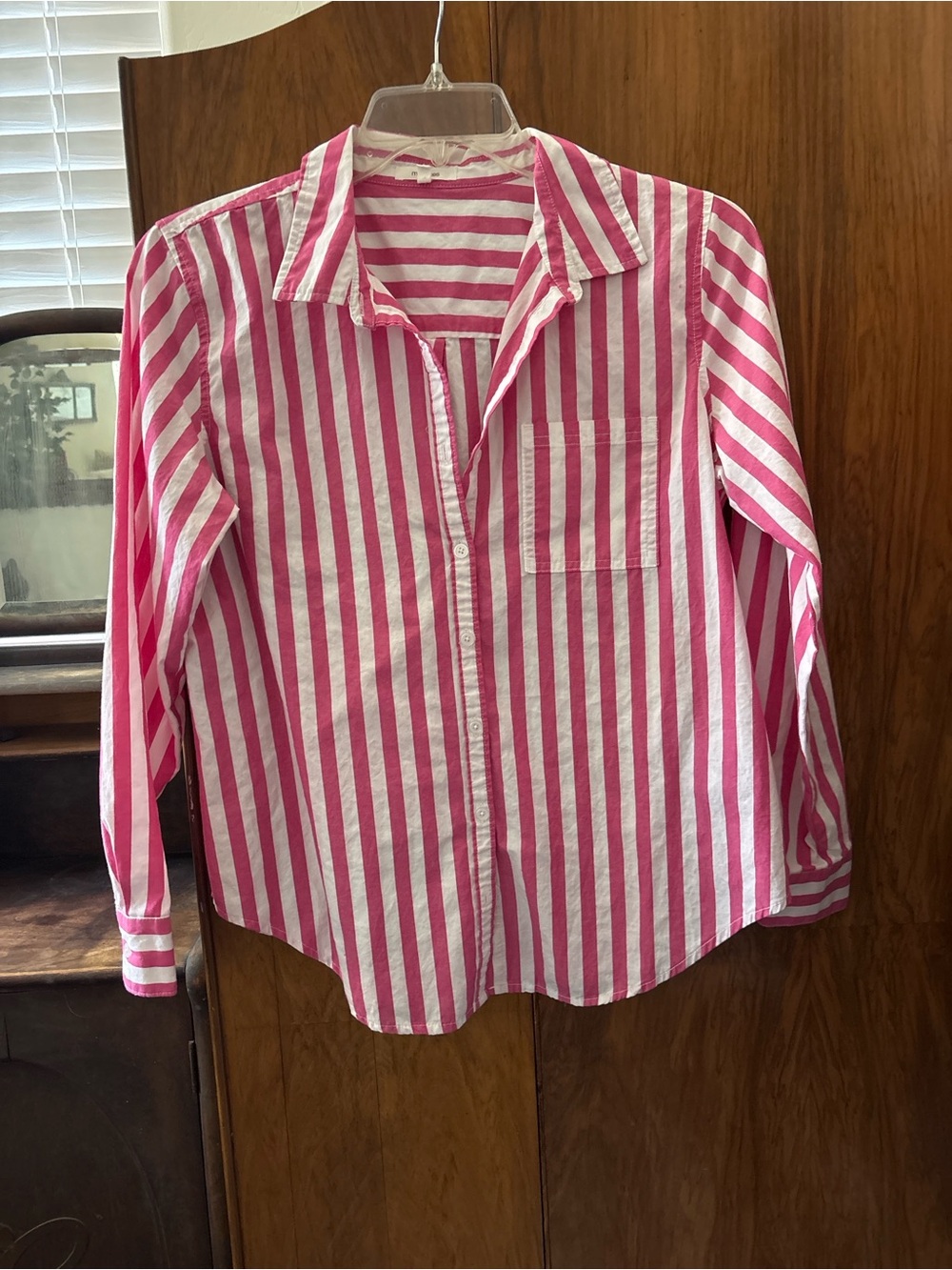 Maurices Pink and White Vertical Stripe Button-Down Shirt